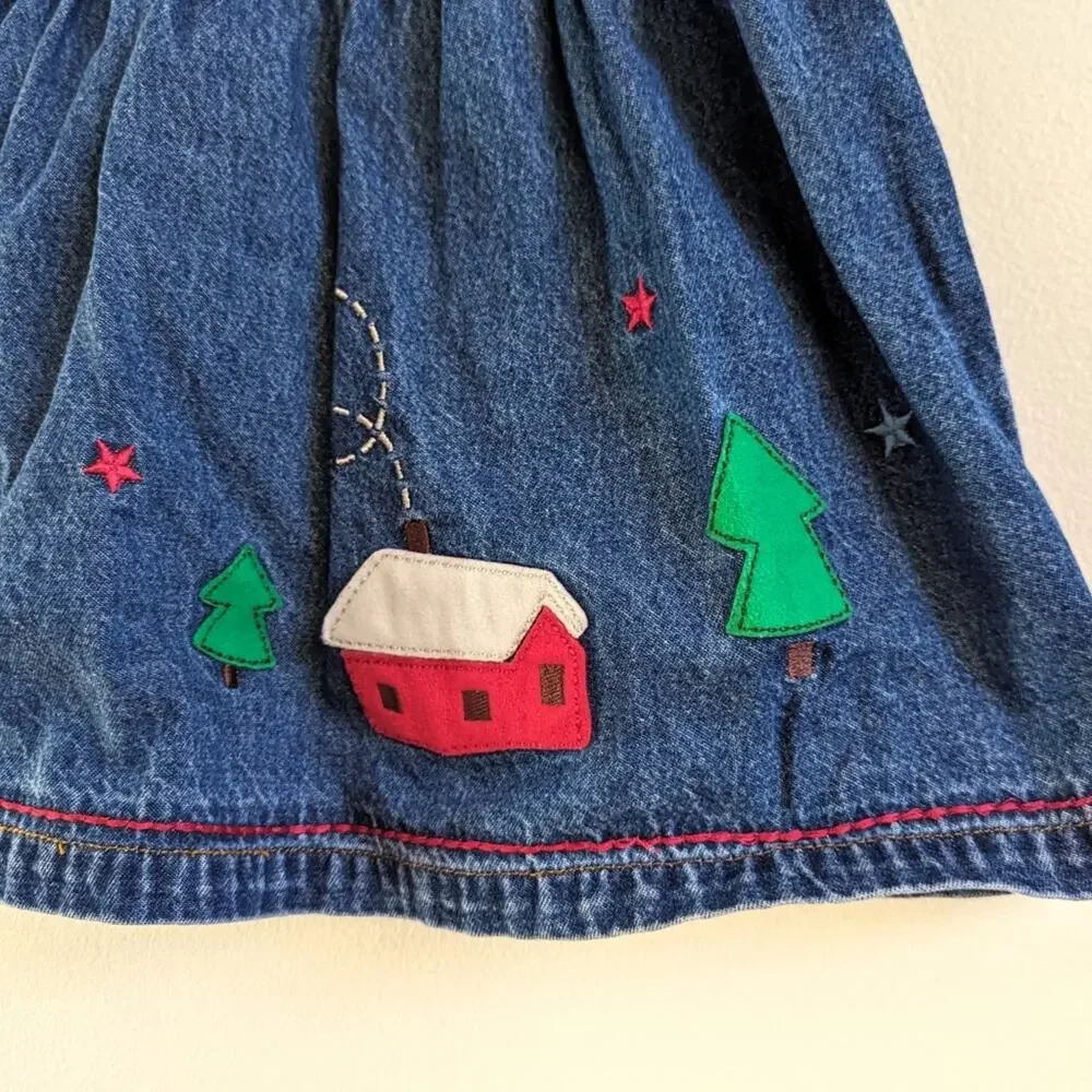 Vtg Baby Gap Dress Girls Sz 12-18m Denim Christmas Cabin Bear